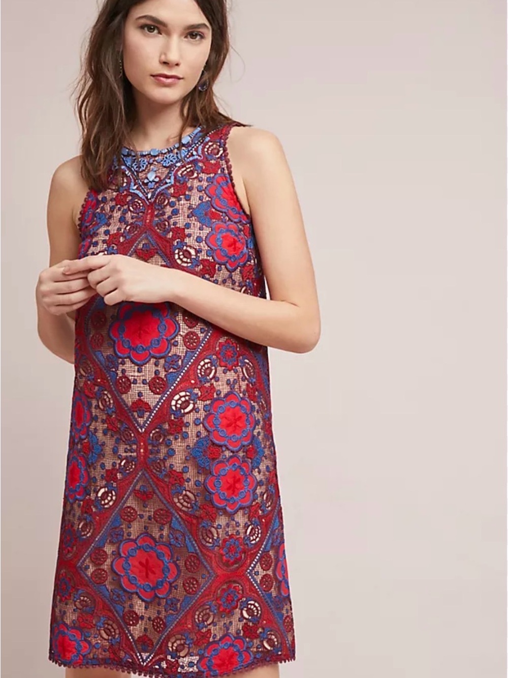 Maeve Lace Moran Shift Dress Embroidered Beaded Anthro Red Blue Size 6 Petite